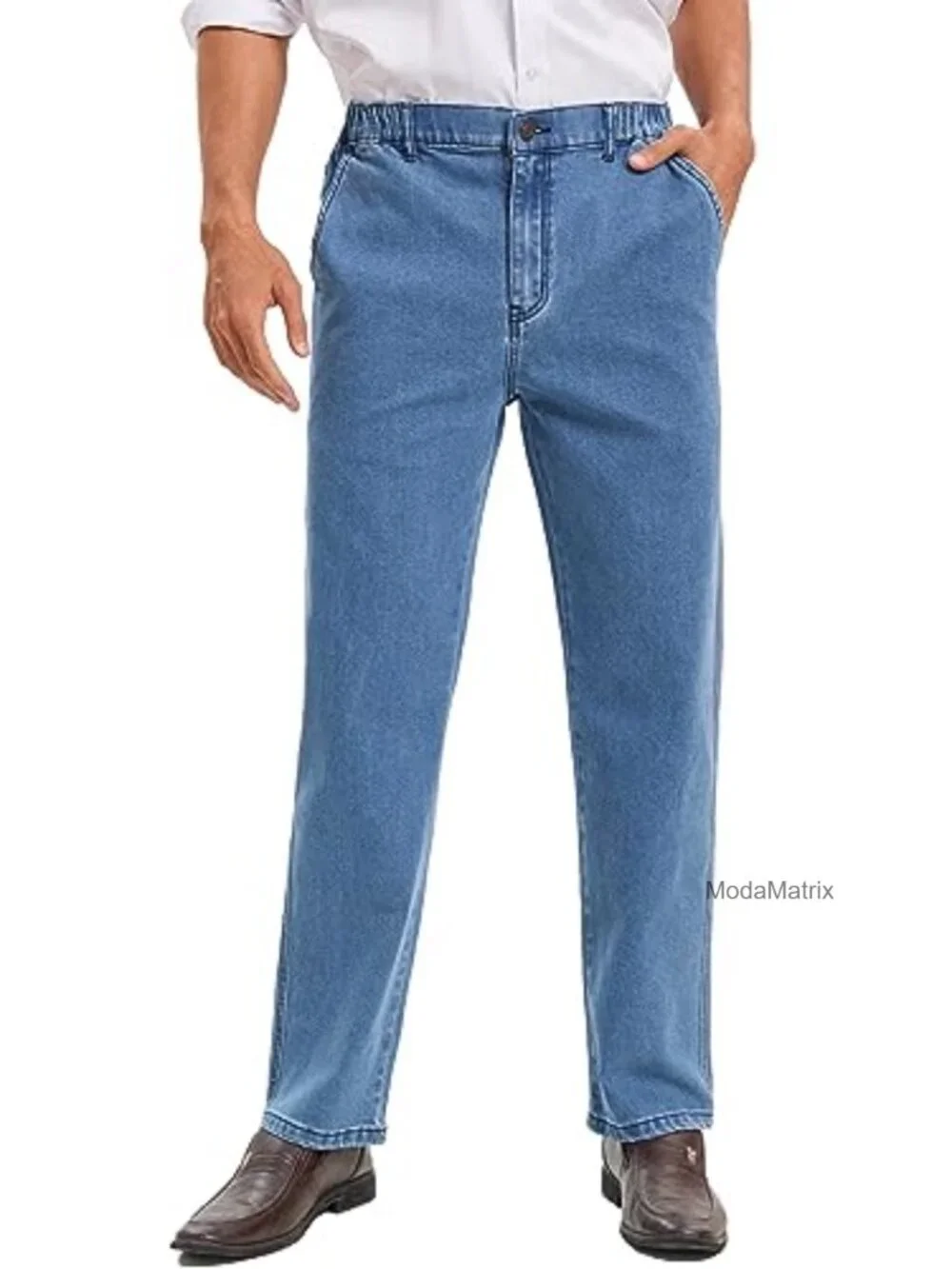 Elastic Waist Jeans for Men Relaxed Fit Straight Leg